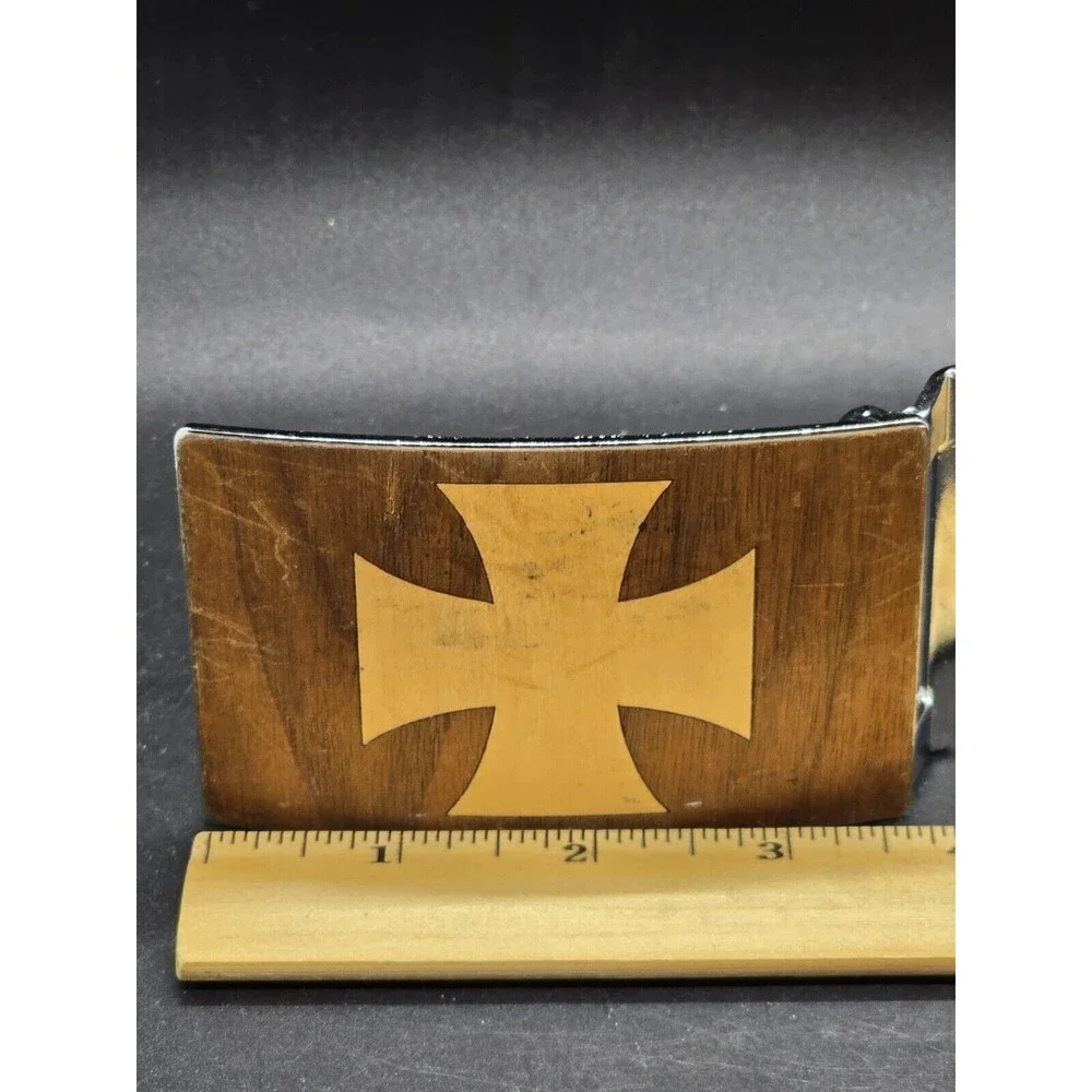 Iron Cross Metal And Leather Belt Buckle Biker Western Rare HTF
